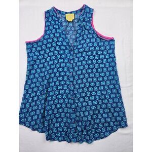 Maeve Blue Teal Geometric Print Sleeveless Button Up Tunic Top Size 4